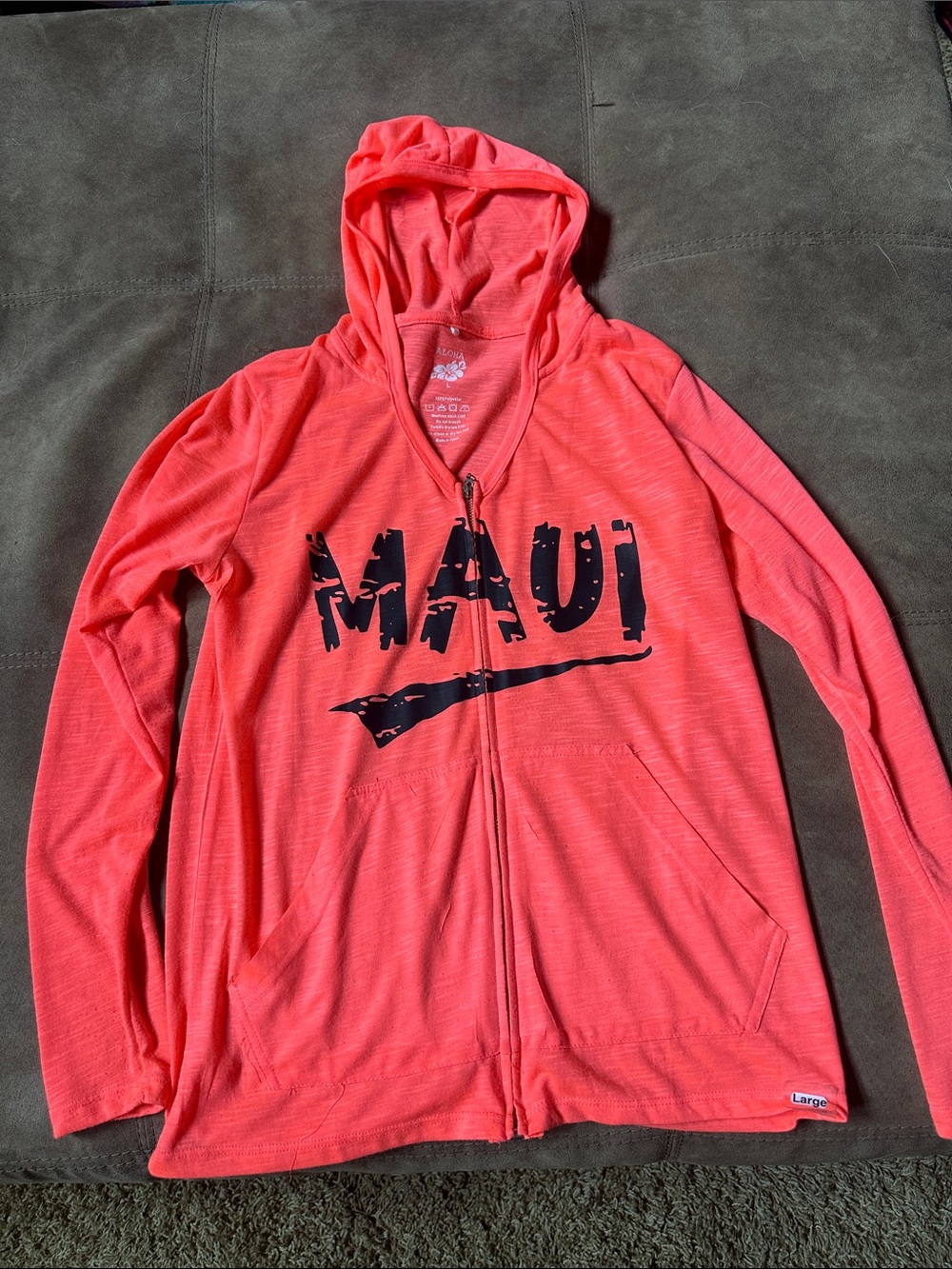 ALOHAS Coral Pink Graphic Hoodie with Hibiscus Print Maui size large